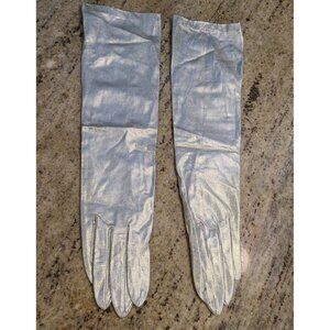 Vintage Women's Size M Silver Metallic Stretch Nylon Formal 15" Long Gloves